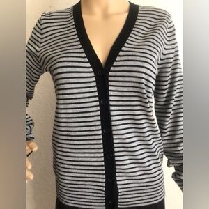 Worthington Women's Cardigan Sweater Black Gray Striped V-Neck Button Up Size XL
